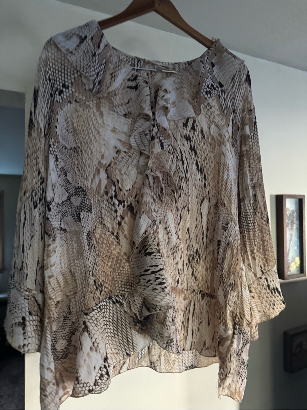 dressbarn Beige Snake-Print Ruffle Blouse